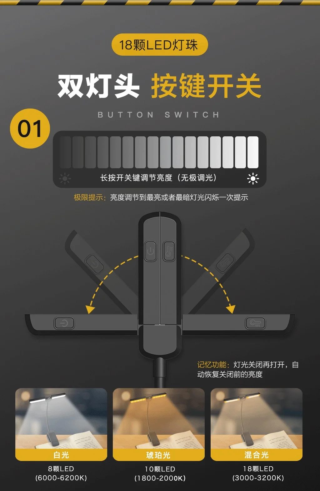 18 LED Beads Reading Light 18 LED beads reading lamp 9 warm 9 cool white