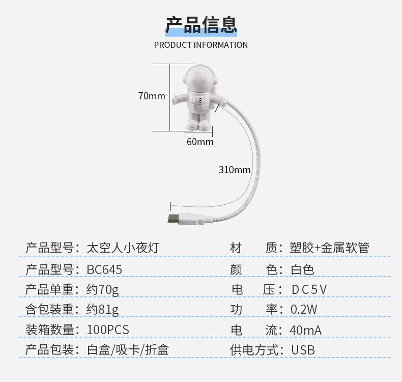 USB astronaut lamp packaging - ready to gift